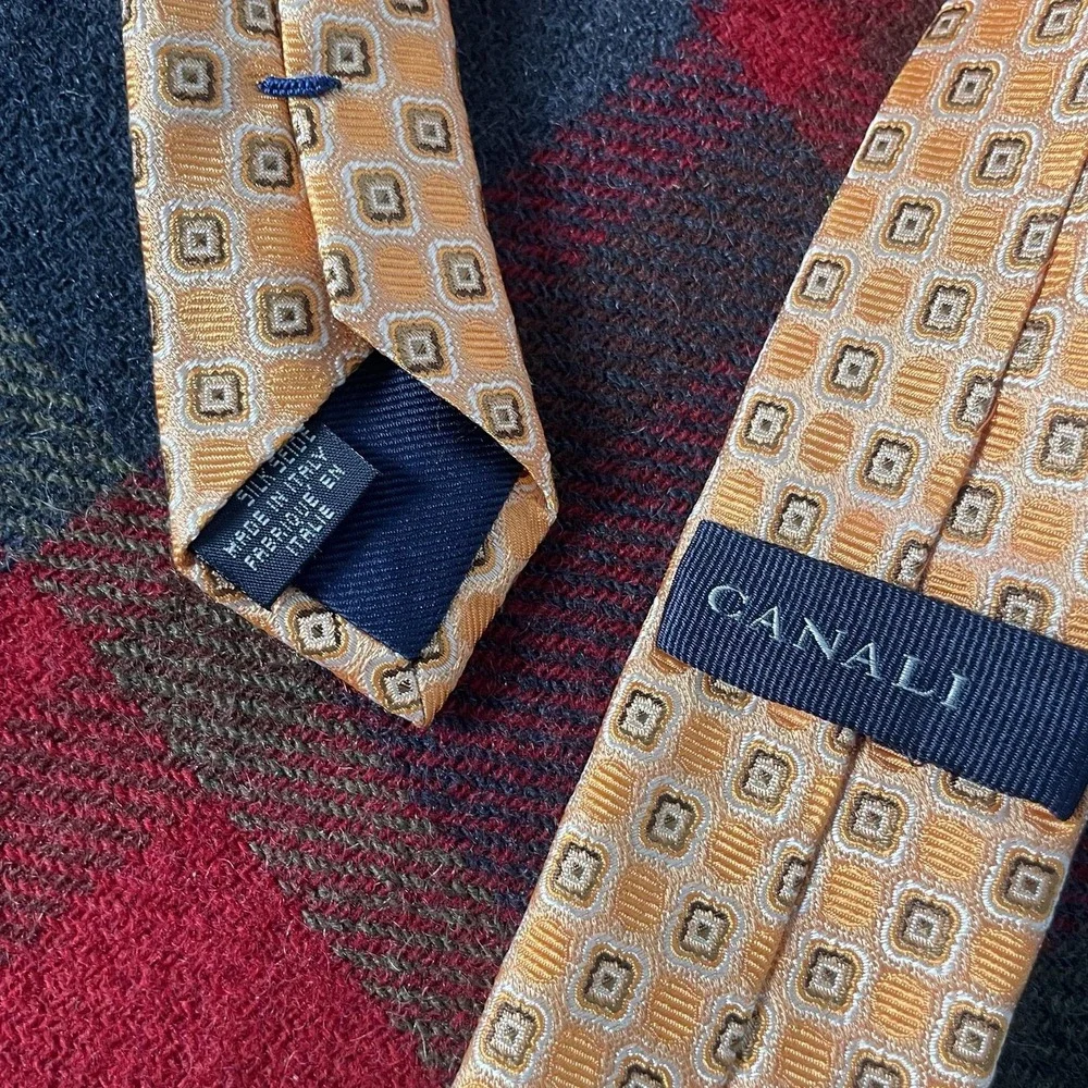 Canali Tie Mens Gold 100% Silk Geometric Woven Classic Made In Italy Necktie